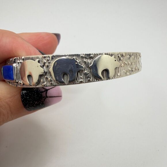 Amazing Vintage Possible Navajo Triple Bear, Lapis/Opal cuff bracelet in 925! - Picture 5 of 10